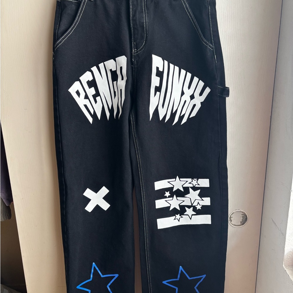 Black Graphic Print Pants with Blue and White Accents